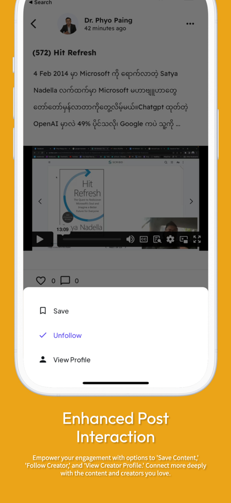 Insidernote - Insidernote mobile app showing post interaction menu with options to save content and view creator profile