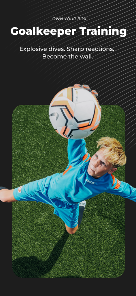B42: Pro Soccer Training - A young soccer goalkeeper in a blue uniform diving to catch a ball with text describing goalkeeper training