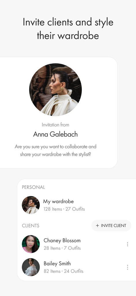 MUSH — AI-Powered Wardrobe - MUSH app interface showing a list of clients and their wardrobe items for professional stylists