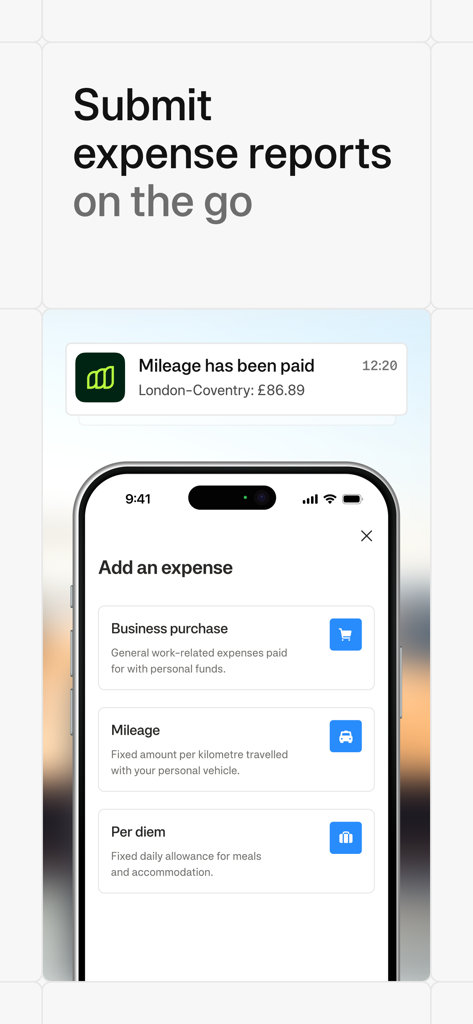 Moss app interface for submitting business expense reports on the go