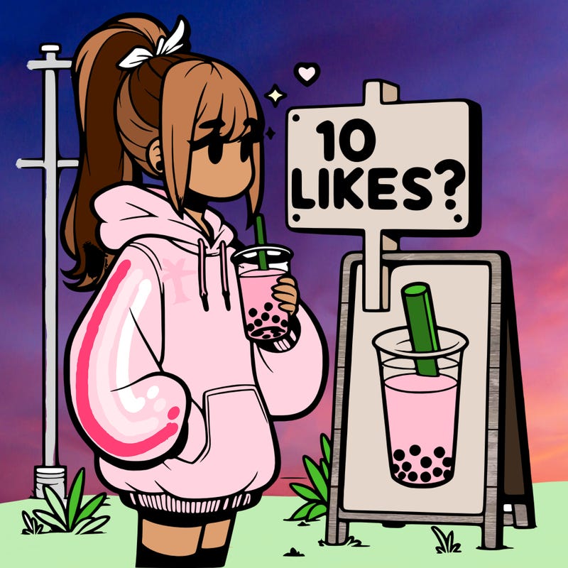 girl with oversized hoodie drinking boba and she has a high ponytail with a sign that says 10likes?