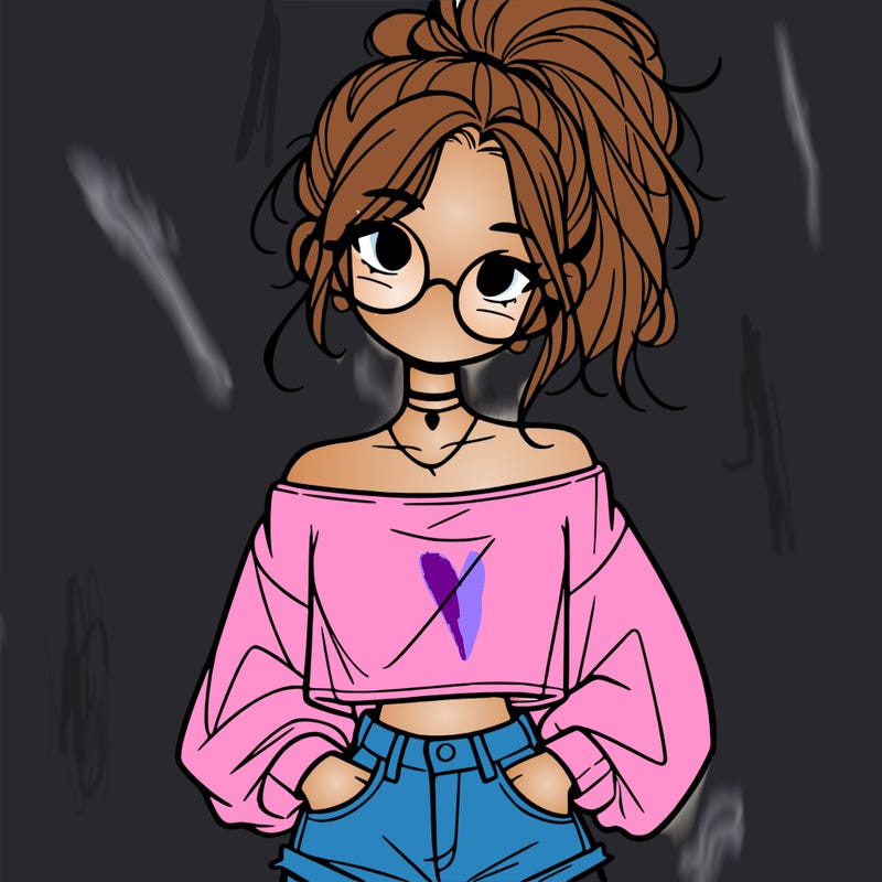 girl with a messy ponytail glasses a baggy crop top and jean shorts