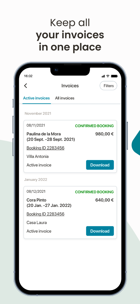 Interface de l'application mobile Holidu Host affichant une liste de factures de réservation organisées pour les propriétaires immobiliers