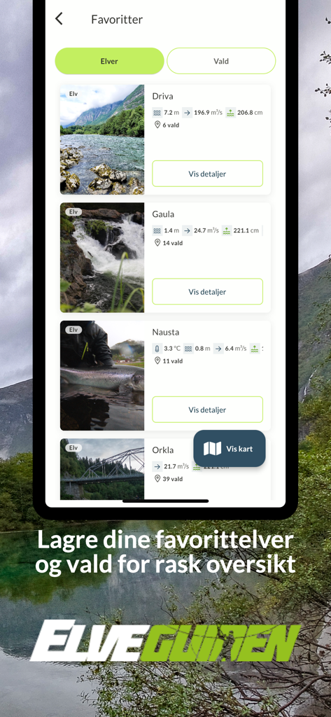 Favorites screen in the Elveguiden app displaying a list of Norwegian salmon rivers with real time water data.