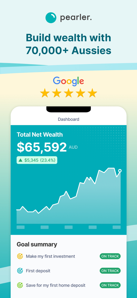 Pearler - Panel de la aplicación Pearler que muestra la riqueza neta total y el seguimiento del progreso del objetivo de inversión