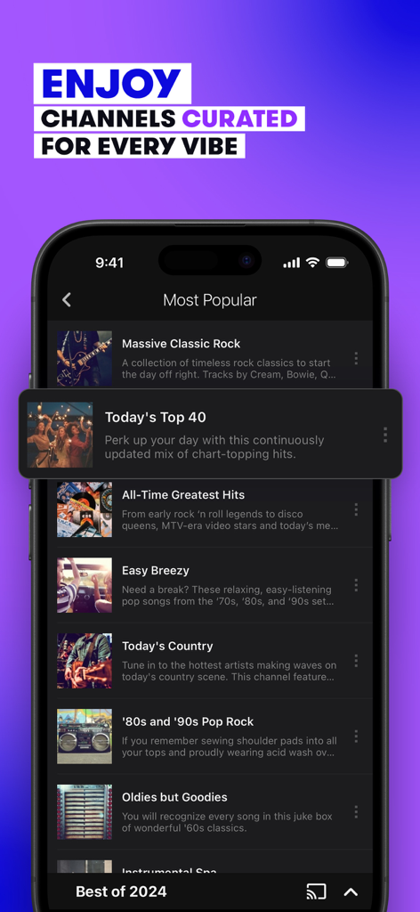Stingray Music: 100s of DJs - Application Stingray Music montrant une liste de chaînes organisées pour différentes humeurs et ambiances