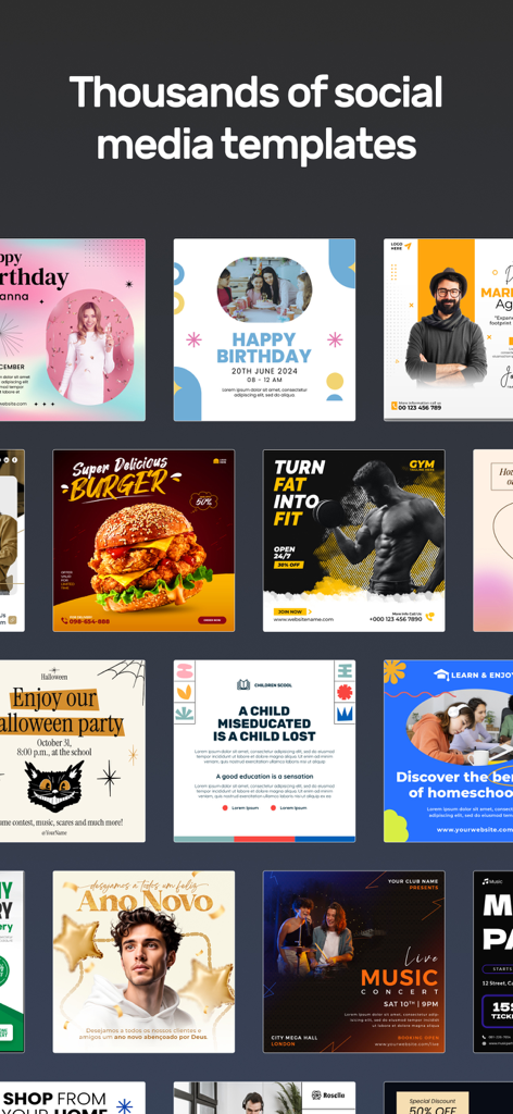 Eine Sammlung vielfältiger Social-Media-Post-Vorlagen für verschiedene Branchen und Anlässe