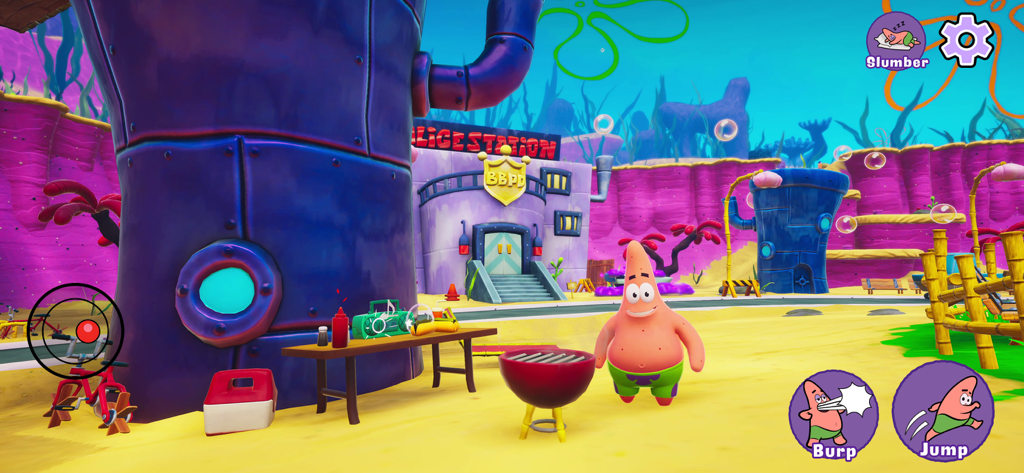 Patrick Star standing near a grill and the Bikini Bottom Police Department in an open world game.