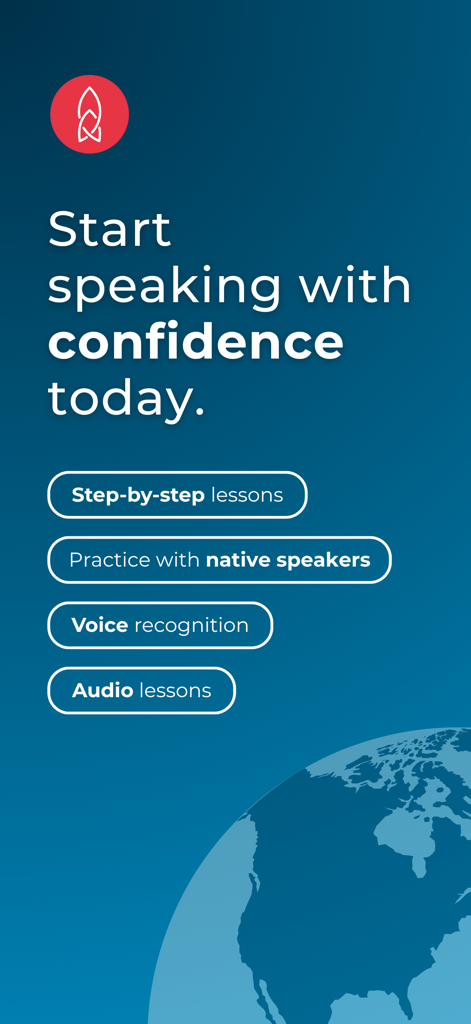 Rocket Languages - Rocket Languages app splash screen featuring the slogan Start speaking with confidence today along with core features like audio lessons and voice recognition.