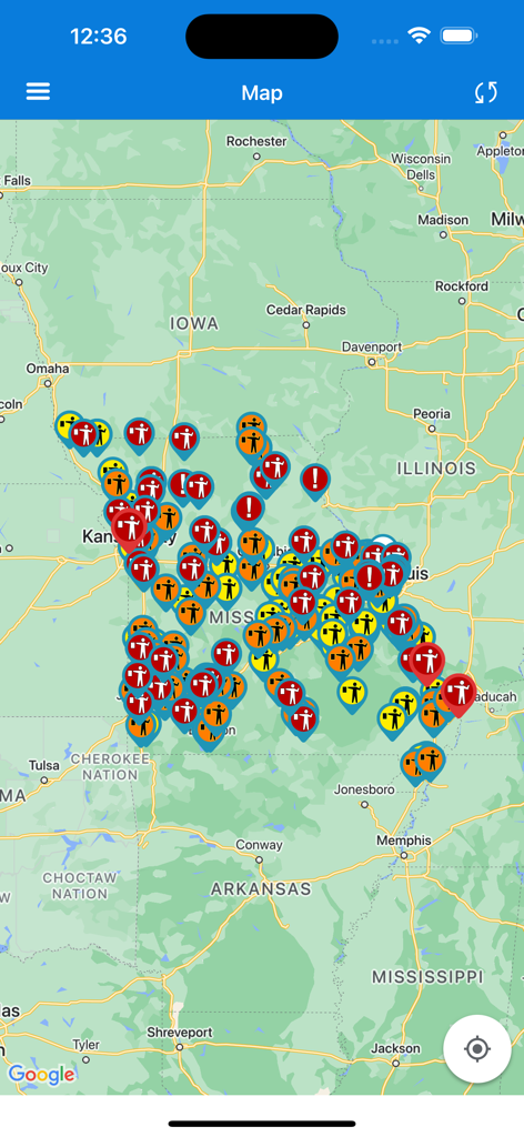 MoDOT Traveler Information - Mapa de la aplicación MoDOT que muestra las condiciones de las carreteras y las zonas de trabajo de Missouri