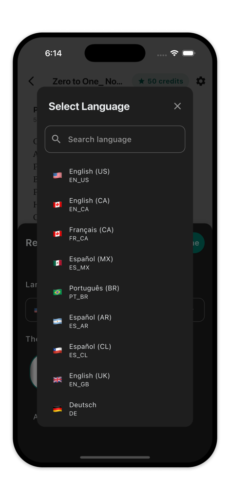 ReadFast: PDF & Book Summaries - Language selection screen in ReadFast app showing multiple language options and flags