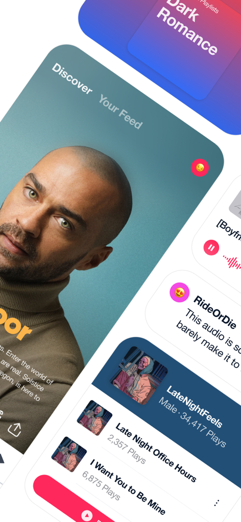 Quinn app screen displaying audio erotica stories and discover feed.