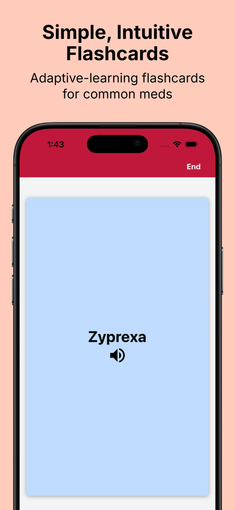 RxFlip - Una captura de pantalla de la aplicación RxFlip que muestra una tarjeta de memoria simple de un medicamento para el fármaco Zyprexa con un ícono de altavoz para la pronunciación de audio.