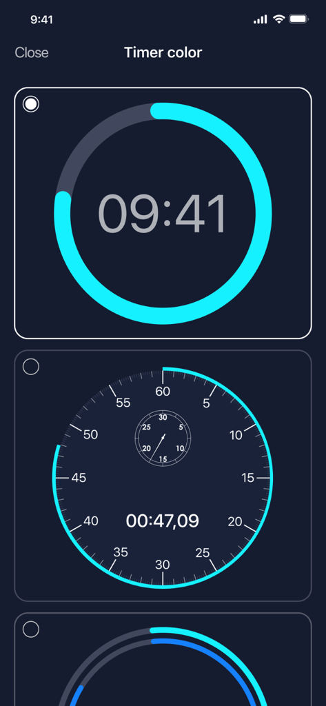 Aplicación Cronómetro y Temporizador que muestra estilos de interfaz digital y analógica con detalles en azul neón.