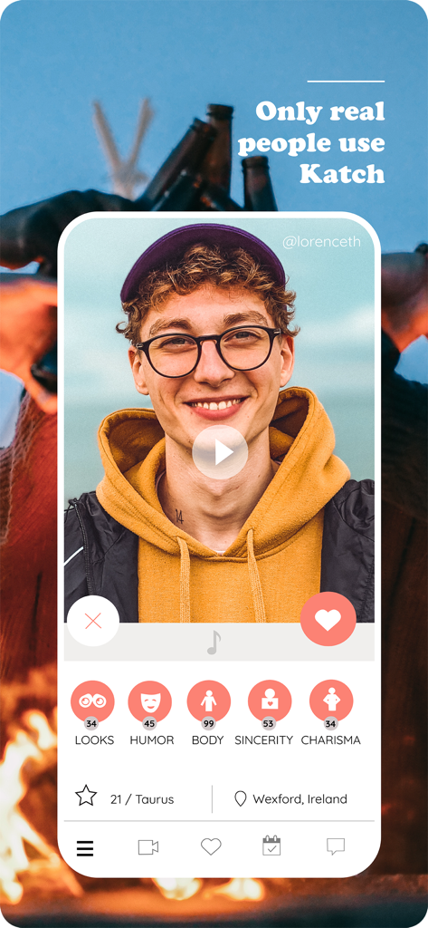 Katch - Events for Everyone - Katch app user profile showing a verified video profile with personality trait ratings and location details