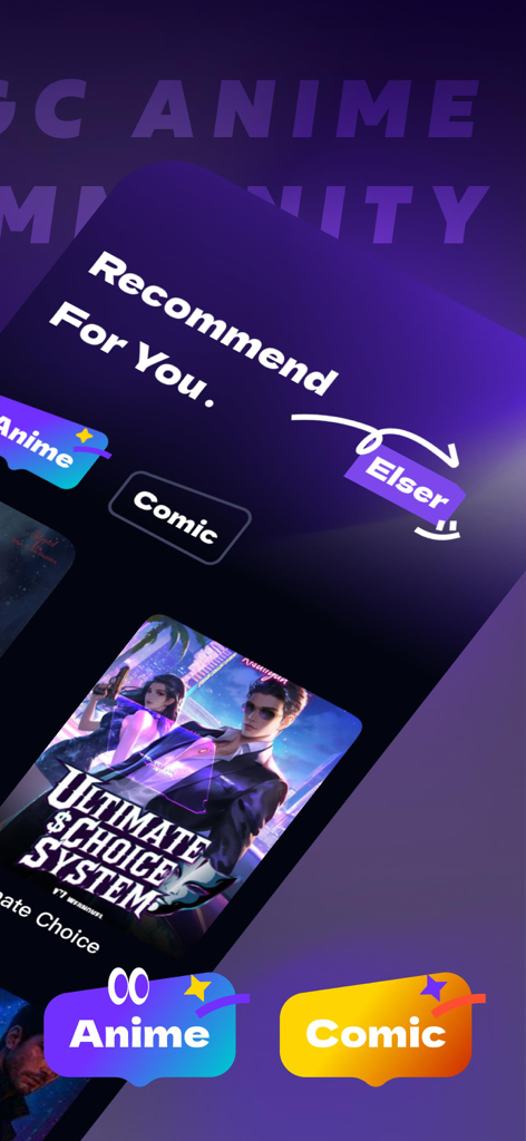 Anime Watching Apps - Elser.AI - Elser AI app interface showing recommended interactive anime and comic stories