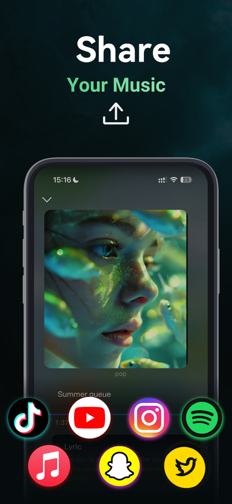Songdio - AI Music Video Maker - Songdio App-Oberfläche mit Optionen zum Teilen von KI-generierter Musik auf Social-Media-Plattformen wie TikTok, Instagram und YouTube.