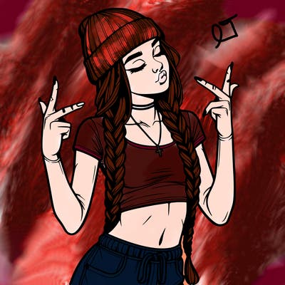 realistic teenage girl with braids and a beanie and crop top doing 🫶🏼
