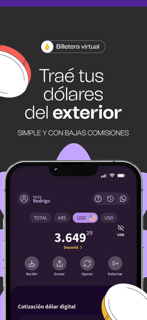 LB Finanzas: billetera virtual - Interfaz de la billetera virtual LB Finanzas para transferencias internacionales de dólares.