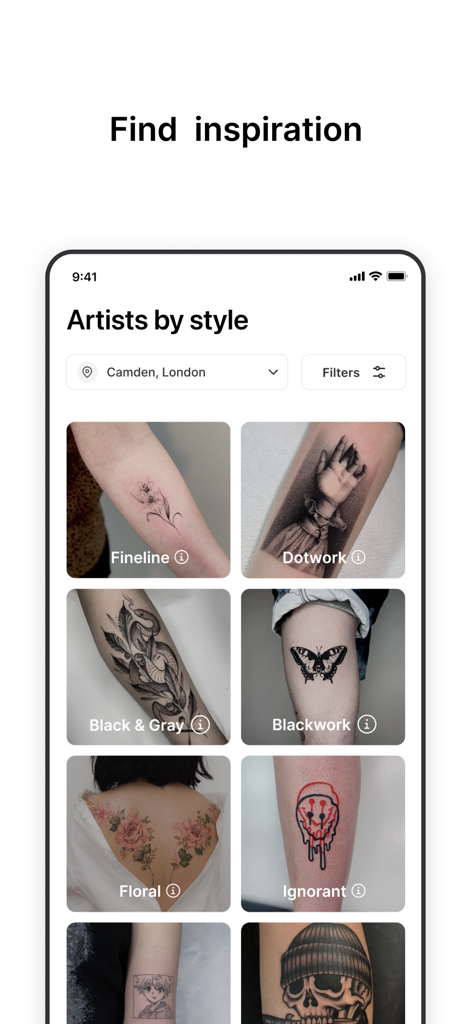 Tattoodo app screen showing tattoo artists categorized by styles like Fineline and Dotwork