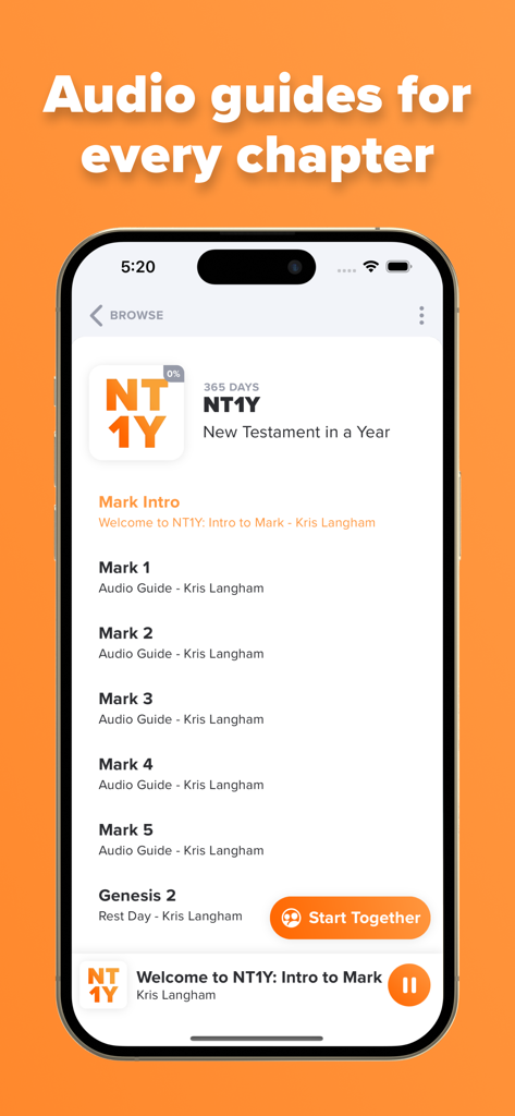 Through the Word - 일년 신약 성경 학습 계획을 위한 오디오 성경 가이드 목록을 보여주는 말씀으로 모바일 앱 인터페이스