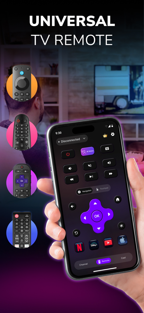 TV Remote Control - Smart TVs - Une main tenant un iPhone affichant l'interface de l'application de télécommande TV universelle avec des boutons de navigation et de streaming