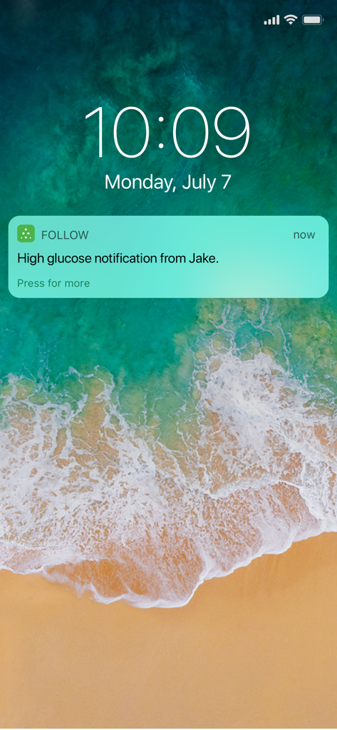 Dexcom Follow (US) - iPhone lock screen displaying a high glucose notification from the Dexcom Follow app.