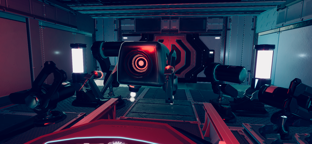 First person view of a futuristic sci-fi roller coaster track with a robotic eye sensor in Epic Roller Coasters