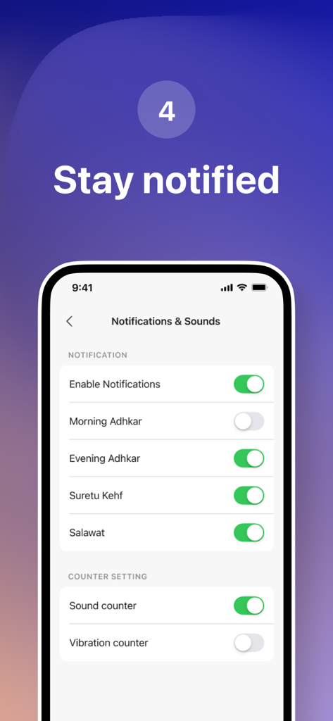 Écran des paramètres de notification de l'application Dhikr montrant des rappels personnalisables pour les prières et les adhkar