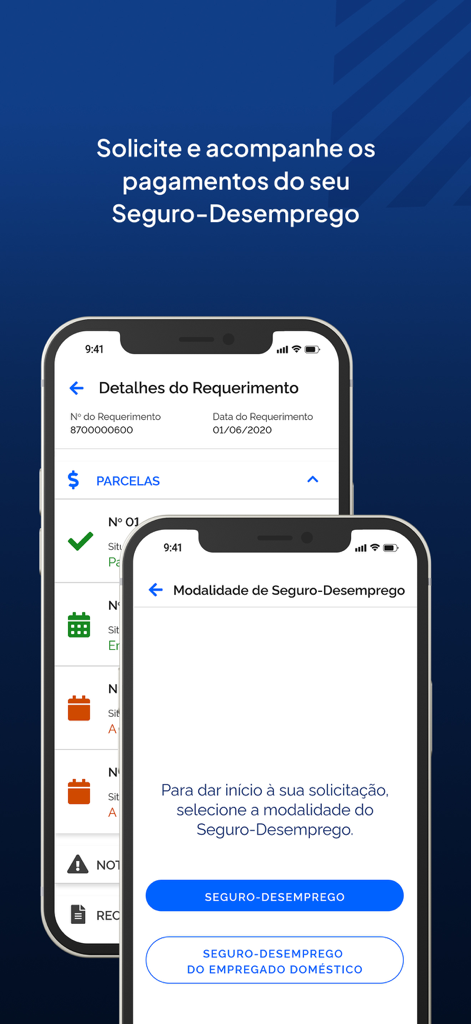 Duas telas móveis do aplicativo Carteira de Trabalho Digital exibindo detalhes de solicitação de seguro-desemprego e opções de requerimento.