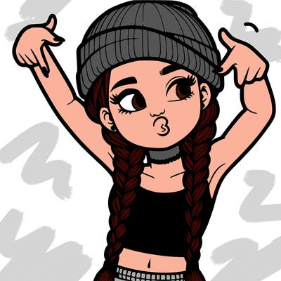 realistic teenage girl with braids and a beanie and crop top doing 🫶🏼
