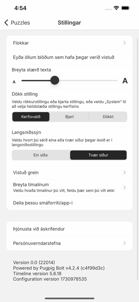 Settings menu of the Mogginn news app showing text size and display options