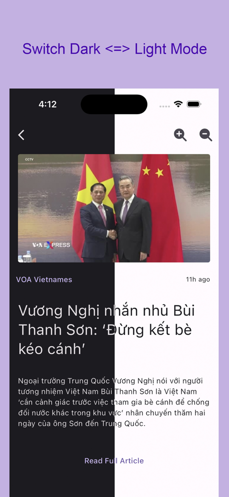 Screenshot of Vietnam eRadio+ app showing a news article in Vietnamese with a split view of dark and light display modes.