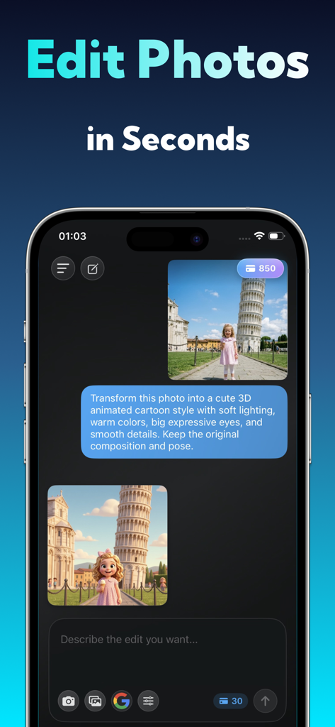 AI Photo Editor: Pixartia - Interface do editor de fotos IA mostrando um comando de texto para transformar a foto de viagem de uma criança em um estilo de desenho animado 3D