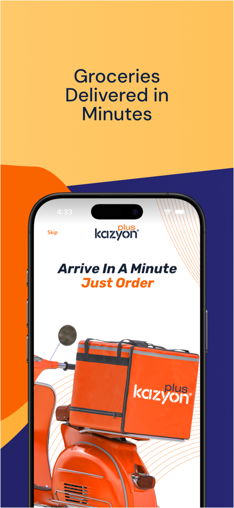 Kazyon Plus - Kazyon Plus app screen displaying a red delivery scooter and the text Groceries Delivered in Minutes.