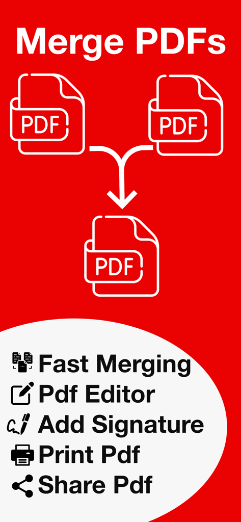 PDF Merge - Combine & Join PDF - Promotional graphic for a PDF app showing merge documents, editor, and signature features