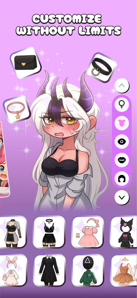 Character editor interface in Gacha Star Lab app showing anime character customization with various outfits and accessories