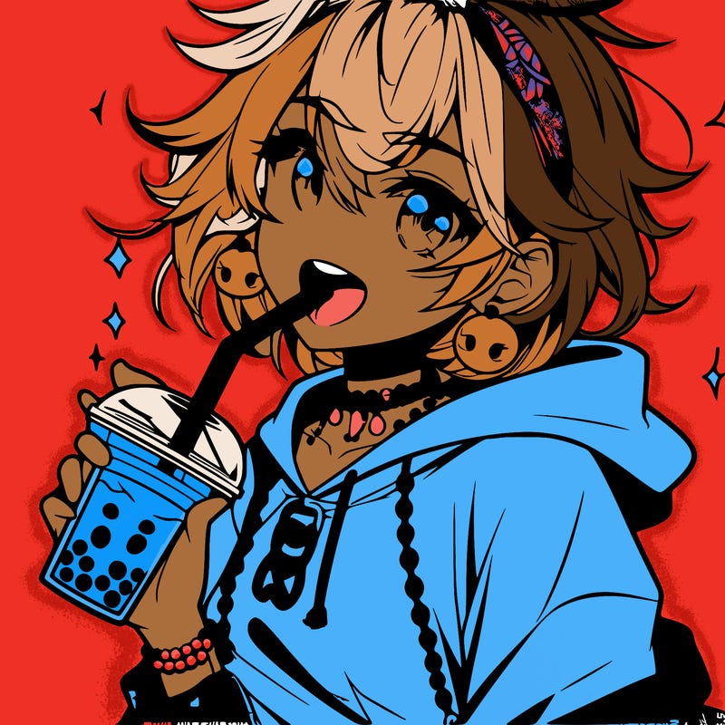 hot baddie anime girl drinking boba and biting the straw