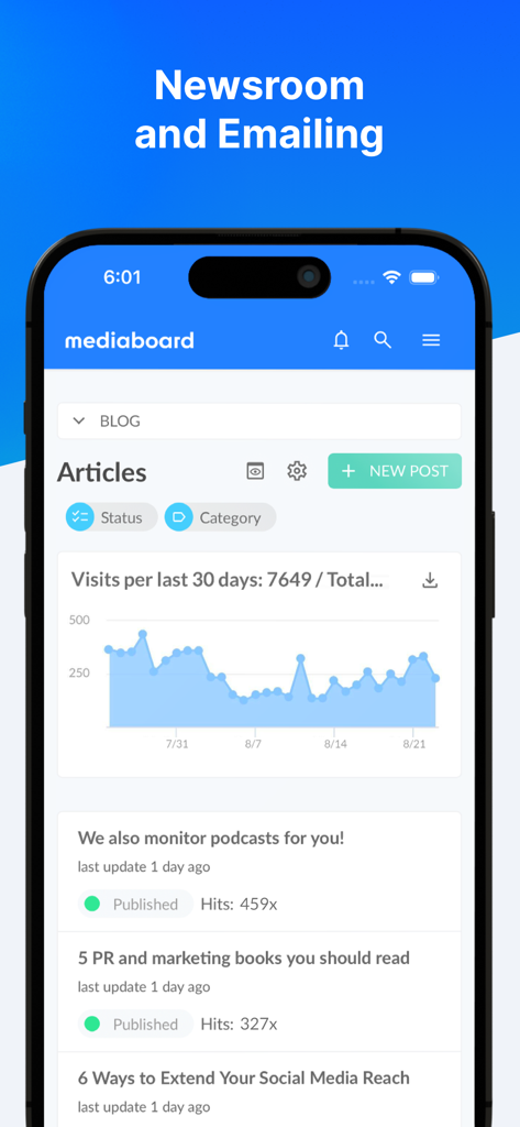 Mediaboard: Media Intelligence - 블로그 방문 그래프와 최근 기사 목록이 있는 뉴스룸 분석을 보여주는 미디어보드 앱 화면