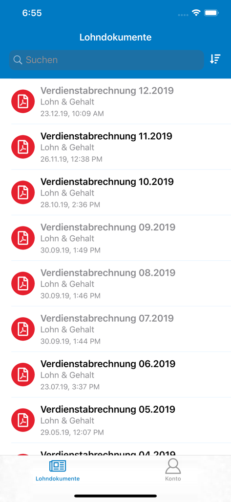 ADDISON OneClick Lohnordner - Mobile screen showing a chronological list of digital pay stubs with PDF icons and dates