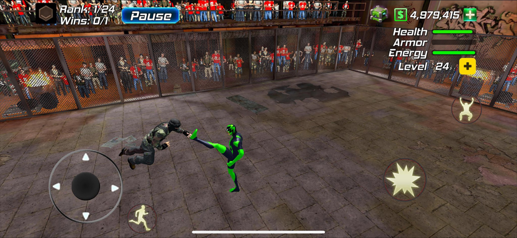 Amazing Rope Police - Un personaje superhéroe verde pateando a un oponente en una arena de lucha enjaulada con público observando