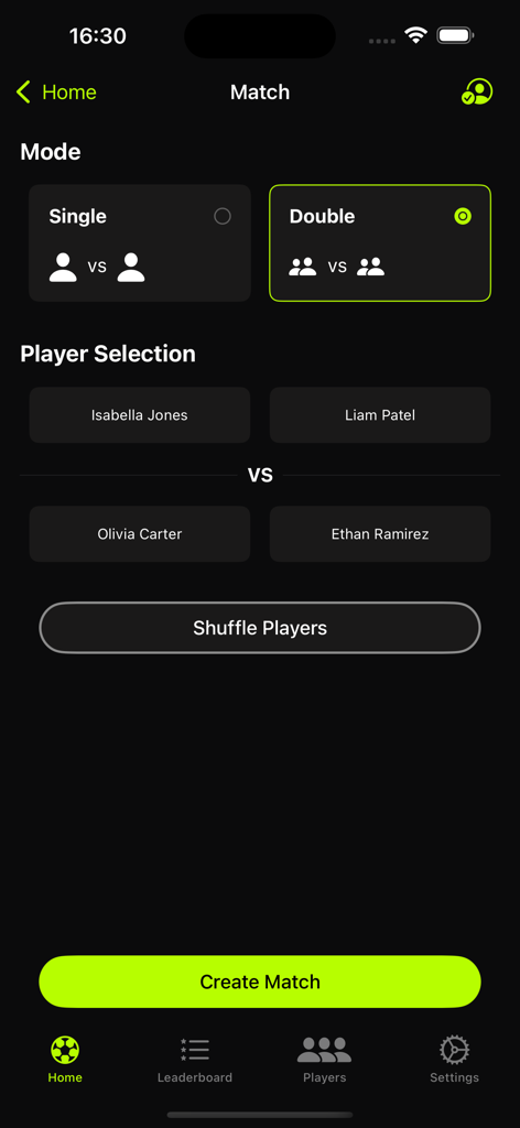 Foosball - Table Soccer - Foosballの試合セットアップ画面。4人のプレイヤーによるダブルゲームの選択が表示されています。