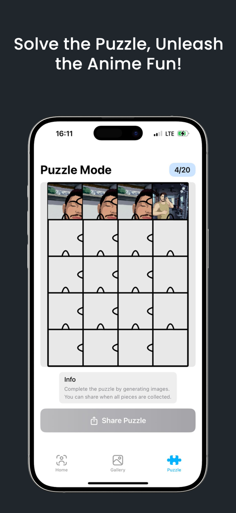 Beleza Magic - Beleza Magic app screenshot showing the puzzle mode feature to collect anime style portrait pieces
