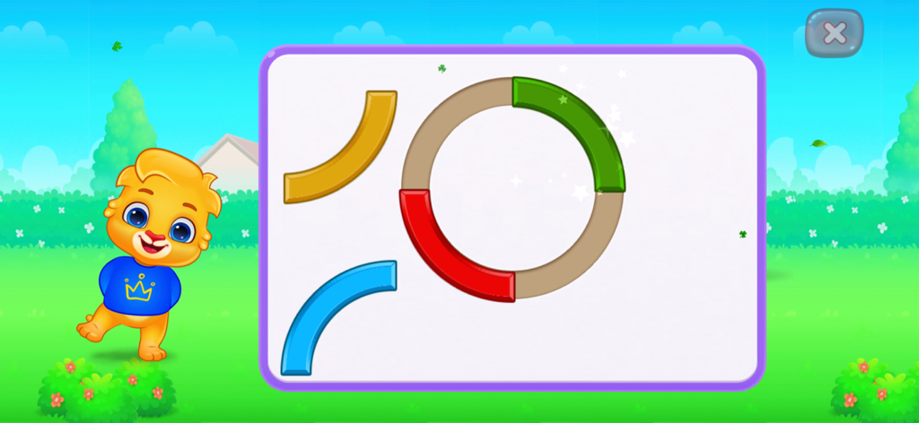 Colors & Shapes - Learn Color - Una interfaz de juego educativo colorida donde un niño une segmentos curvos de colores para completar un rompecabezas circular junto a un simpático personaje de dibujos animados.