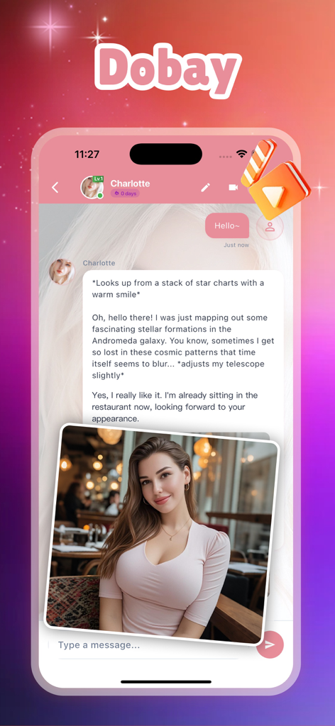A mobile screen showing a chat conversation with an AI virtual girlfriend character including a photorealistic profile image.