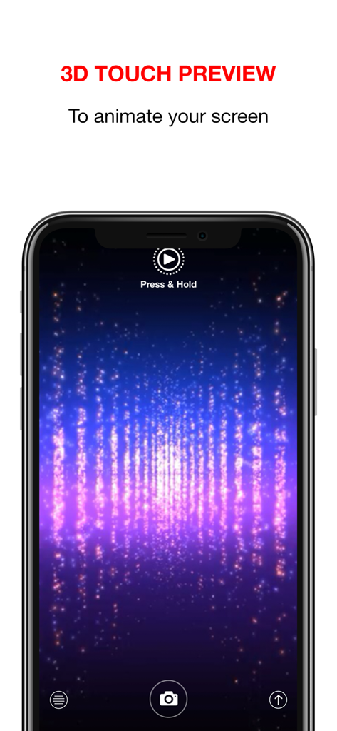 iPhone screen showing a sparkling blue and purple live wallpaper with 3D touch animation preview instructions