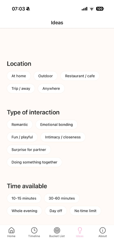 Twyne Moments - Twyne Moments app interface showing filters for relationship activity ideas including location, interaction type and time availability.