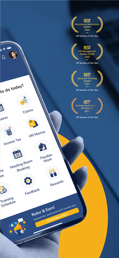 A smartphone displaying the Infotech HRMS app dashboard with various HR features and several 2024 industry excellence awards.