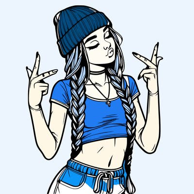 realistic teenage girl with braids and a beanie and crop top doing 🫶🏼
