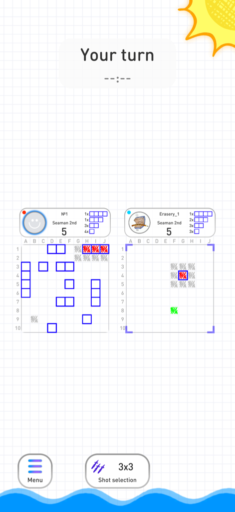 Seabattle batalies online - Gameplay screen of Sea Battle online featuring a hand-drawn sketchbook aesthetic with naval grids on graph paper.